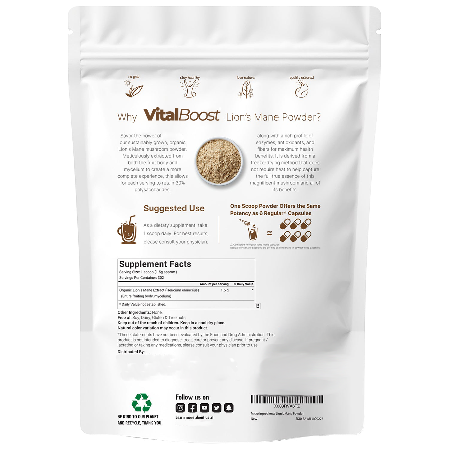 VitalBoost® Lions Mane Mushroom Supplement Powder 1lb